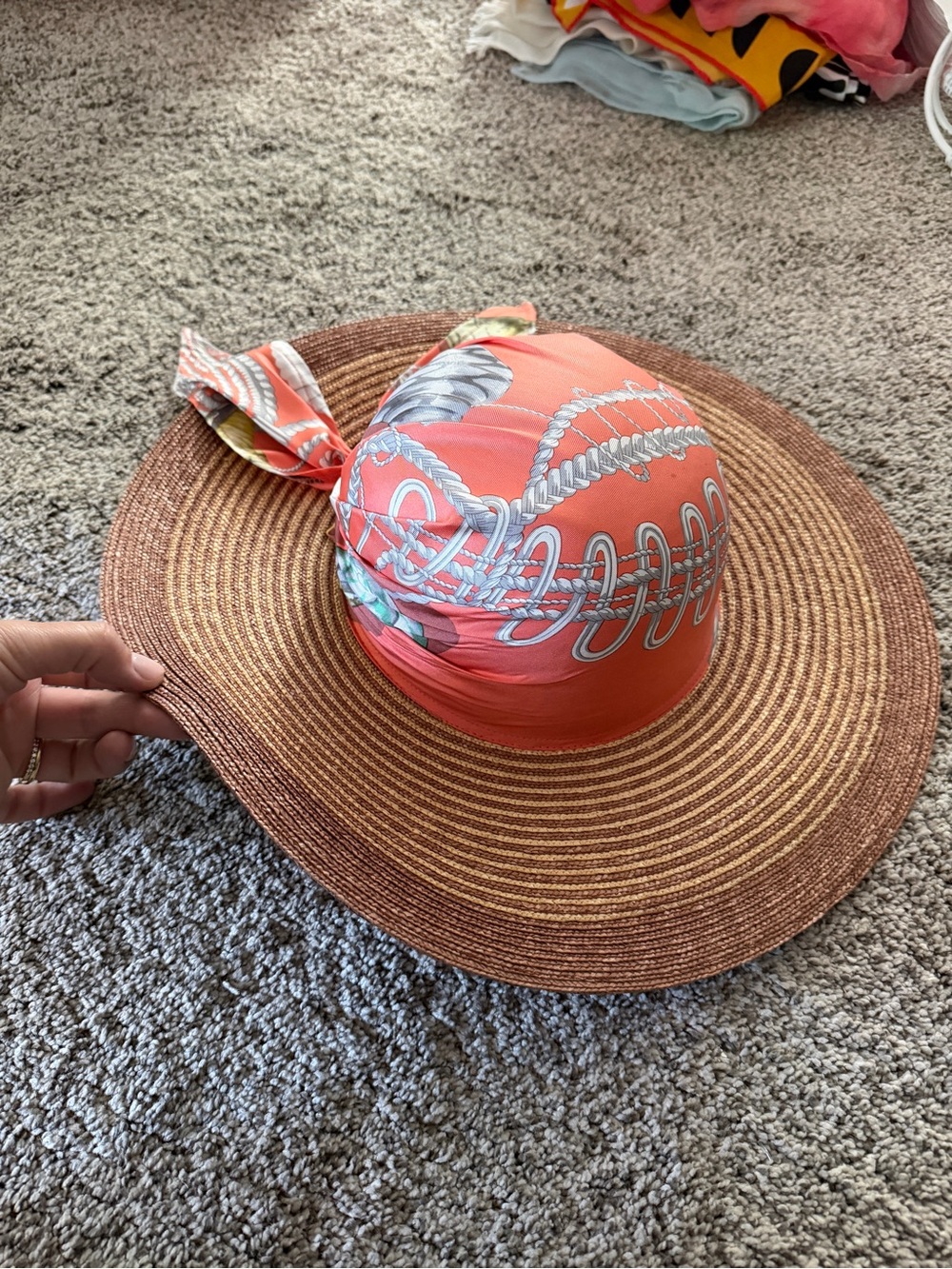 Wide Brim Straw Sun Hat with Coral Scarf Accent